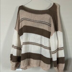 SHEIN Brown and Cream Off-the-Shoulder Sweater with Stripes